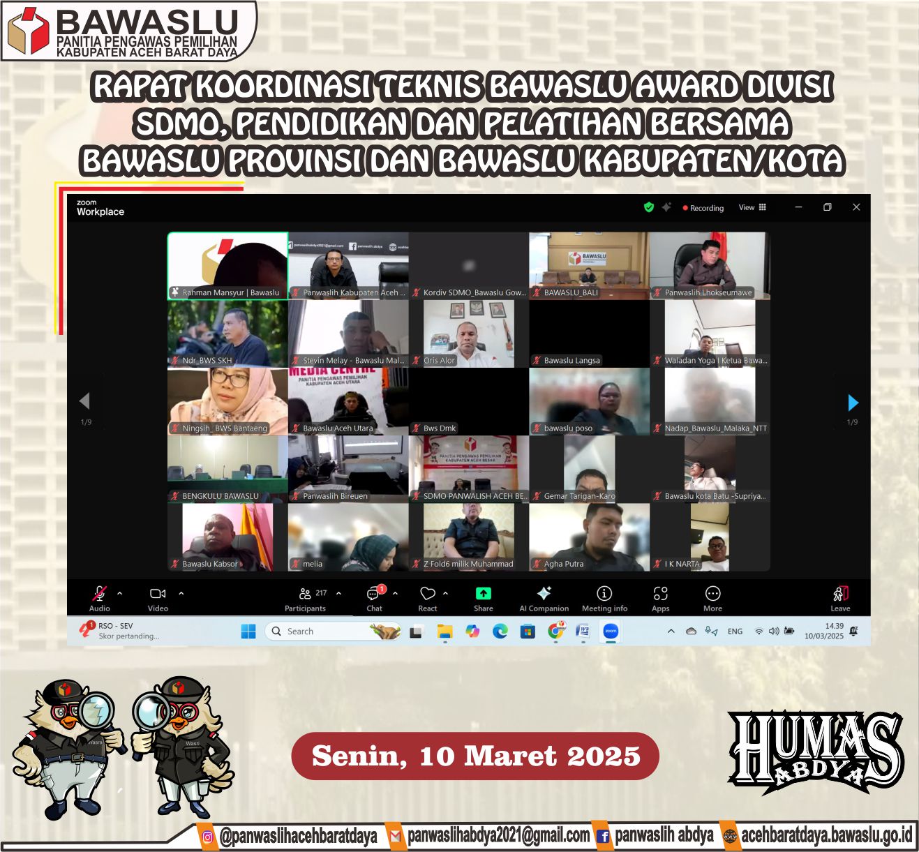 Dokumentasi Rapat Koordinasi Teknis Bawaslu Award Divisi Sumber Daya Manusia, Organisasi, Pendidikan dan Pelatihan bersama Bawaslu Provinsi dan Bawaslu Kabupaten/Kota, Senin (10/03/2025).