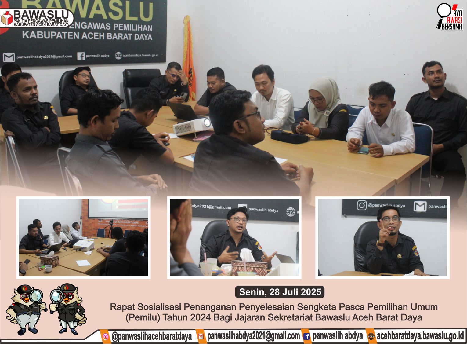 Dokumentasi Rapat sosialisasi penanganan penyelesaian sengketa pasca Pemilu Tahun 2024 bagi jajaran Bawaslu Kabupaten Aceh Barat Daya, Senin (28/07/2025).