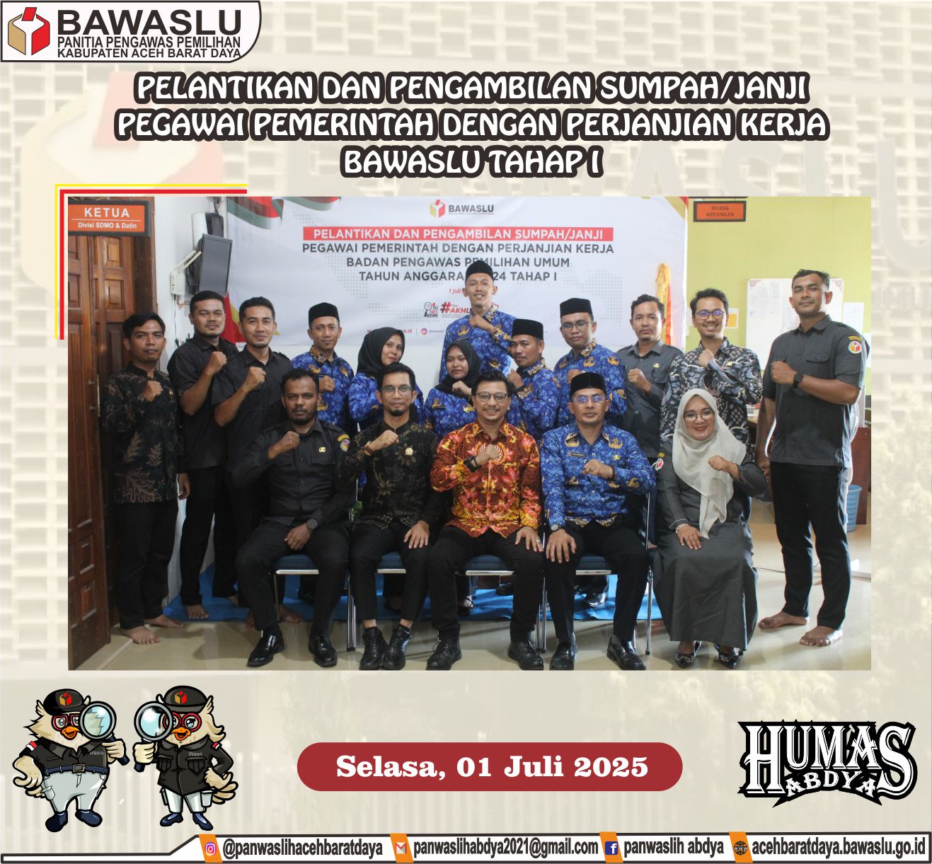 Dokumentasi Pelantikan Pegawai Pemerintah dengan Perjanjian Kerja (P3K) di lingkungan Sekretariat Kabupaten Aceh Barat Daya yang telah resmi dilantik pada hari Selasa (01/07/2025).