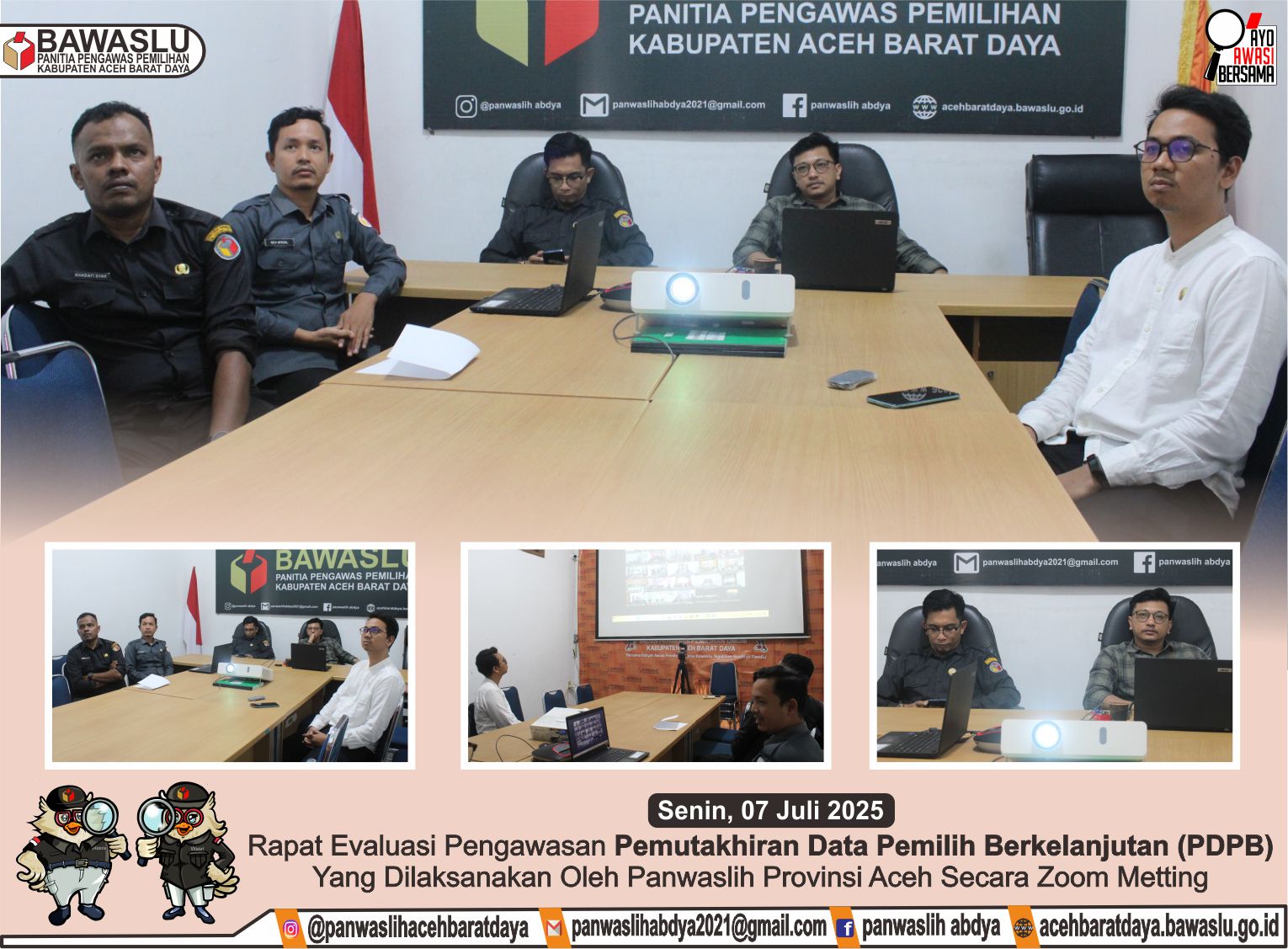 Dokumentasi Rapat Evaluasi Pengawasan Pemutakhiran Data Pemilih Berkelanjutan (PDPB) Yang Dilaksanakan Secara Zoom Meeting Oleh Panwaslih Aceh, Senin (07/07/2025).