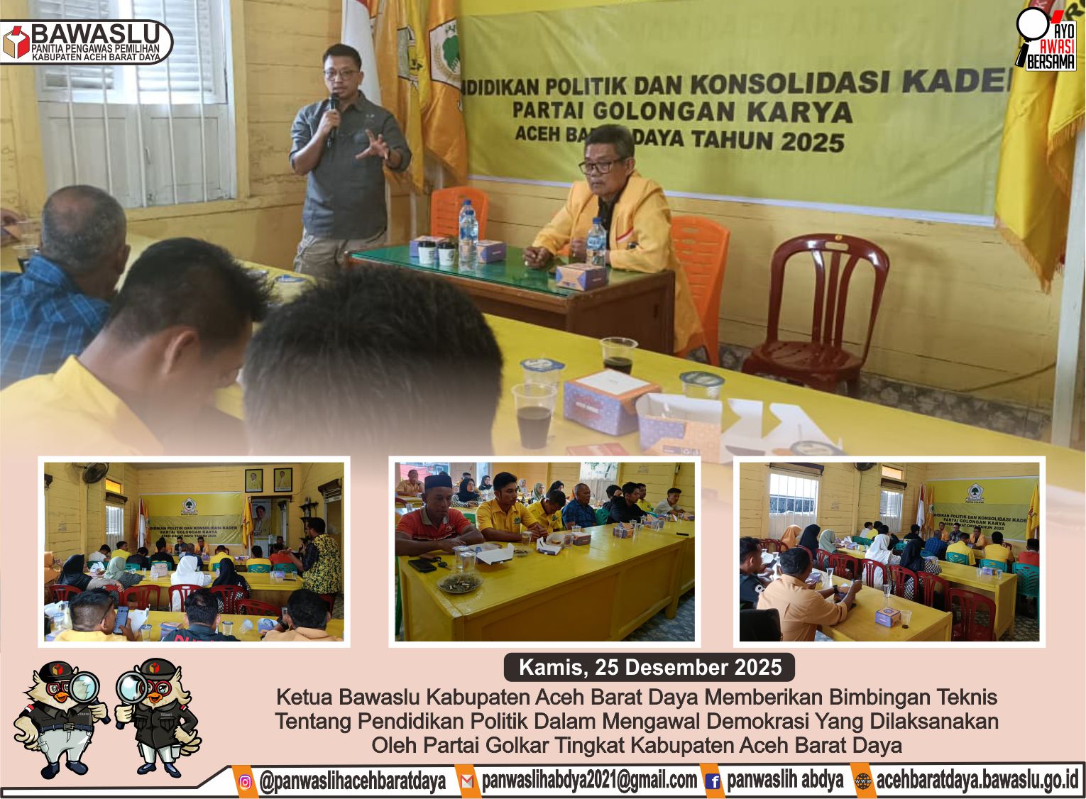 Dokumentasi sebagai narasumber dalam kegiatan Bimbingan Teknis (Bimtek) Pendidikan Politik yang diselenggarakan oleh DPD Partai Golkar Kabupaten Aceh Barat Daya. Kegiatan ini berlangsung di Sekretariat Partai Golkar Abdya, Kamis (25/12/2025).