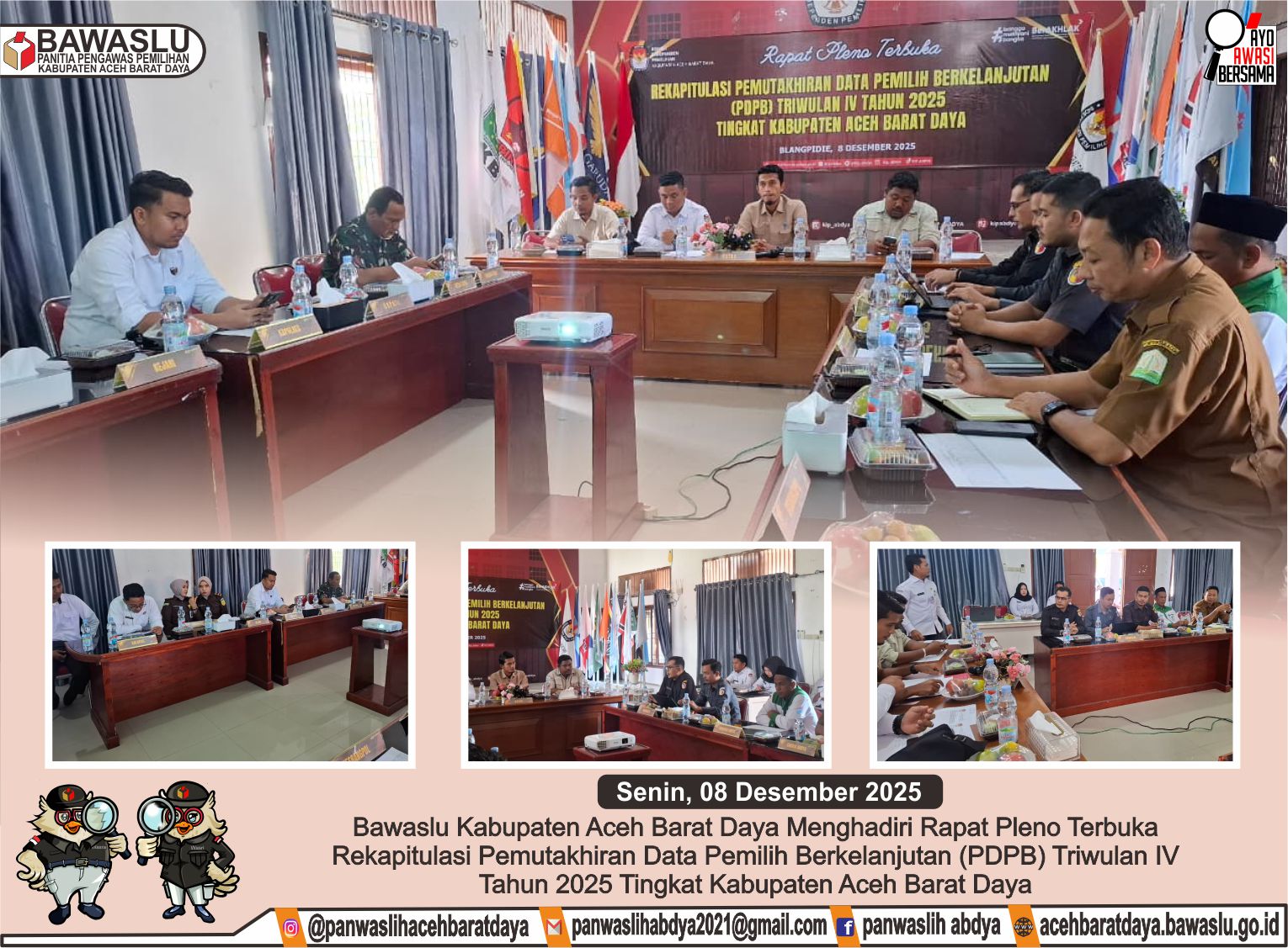 Dokumentasi rapat pleno terbuka Rekapitulasi Pemutakhiran Data Pemilih Berkelanjutan (PDPB) Triwulan IV Tahun 2025 tingkat Kabupaten Aceh Barat Daya di kantor KIP Aceh Aceh Barat Daya, Senin (08/12/2025).