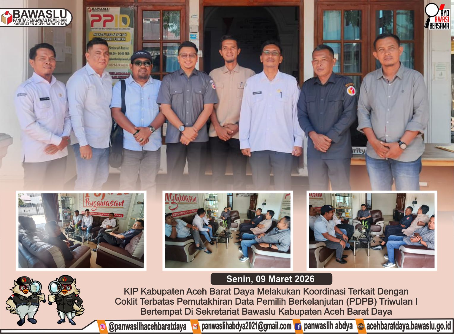 Dokumentasi Koordinasi Coklit Terbatas PDPB Triwulan I di Sekretariat Bawaslu Abdya, Senin (09/03/2026).