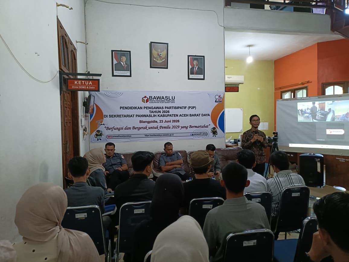 Dokumentasi Pelaksanaan Pendidikan Pengawas Partisipatif (P2P) Tahun 2026, yang berlangsung di Sekretariat Panwaslih kabupaten setempat, Selasa (23/6/2026).
