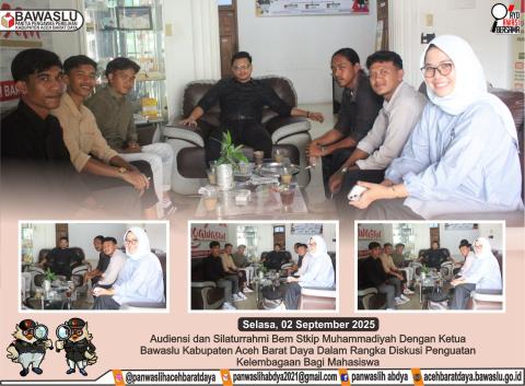 Dokumentasi BEM IMM STKIP Muhammadiyah Aceh Barat Daya (Abdya) Melakukan Audiensi Dan Diskusi Bersama Ketua Bawaslu Abdya Dalam Rangka Penguatan Kelembagaan Dan Peningkatan Kapasitas Mahasiswa, Bertempat Di Kantor Bawaslu Abdya, Selasa (02/09/2025).
