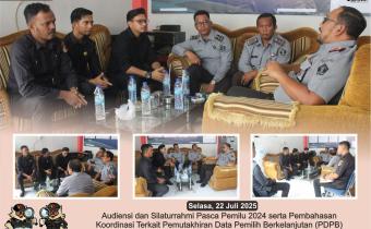 Dokumentasi audiensi dan silaturrahmi pasca Pemilu 2024 serta pembahasan koordinasi terkait Pemutakhiran Data Pemilih Berkelanjutan (PDPB) triwulan II di Kalapas Blangpidie, Selasa (22/07/2025).
