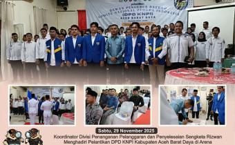 Dokumentasi Koordinator Divisi Penanganan Pelanggaran dan Penyelesaian Sengketa Rizwan Bawaslu Kabupaten Aceh Barat Daya menghadiri pelantikan DPD KNPI Kabupaten Aceh Barat Daya di Arena Motel Blangpidie, Sabtu (29/11/2025).