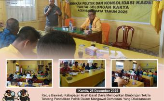 Dokumentasi sebagai narasumber dalam kegiatan Bimbingan Teknis (Bimtek) Pendidikan Politik yang diselenggarakan oleh DPD Partai Golkar Kabupaten Aceh Barat Daya. Kegiatan ini berlangsung di Sekretariat Partai Golkar Abdya, Kamis (25/12/2025).