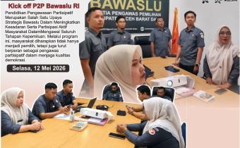 Zoom Metting Kegiatan Kick Off Pendidikan Pengawasan Partisipatif (P2P) Tahun 2026 yang dipusatkan di Kabupaten Aceh Barat Daya, Selasa (12/5/2026).